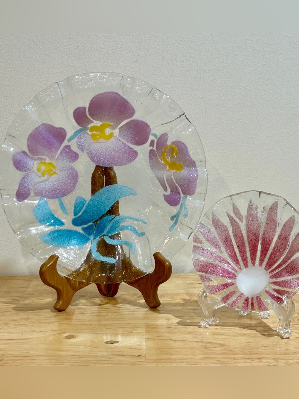 Sydenstricker Vtg Fused Art Glass Plate and Bowl Japanese Iris/Pink Daisy Set 2